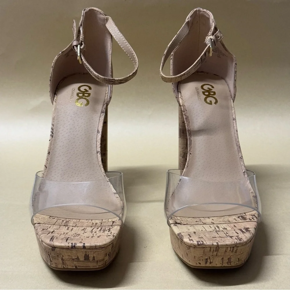 GBG Ankle Strap Cork Platform Sandals Block Heel Clear Band Square Toe 10
